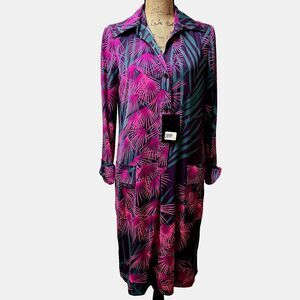 Diane von Furstenberg Silk Collared Shirt Dress SZ 8 Pink Green Fern Print